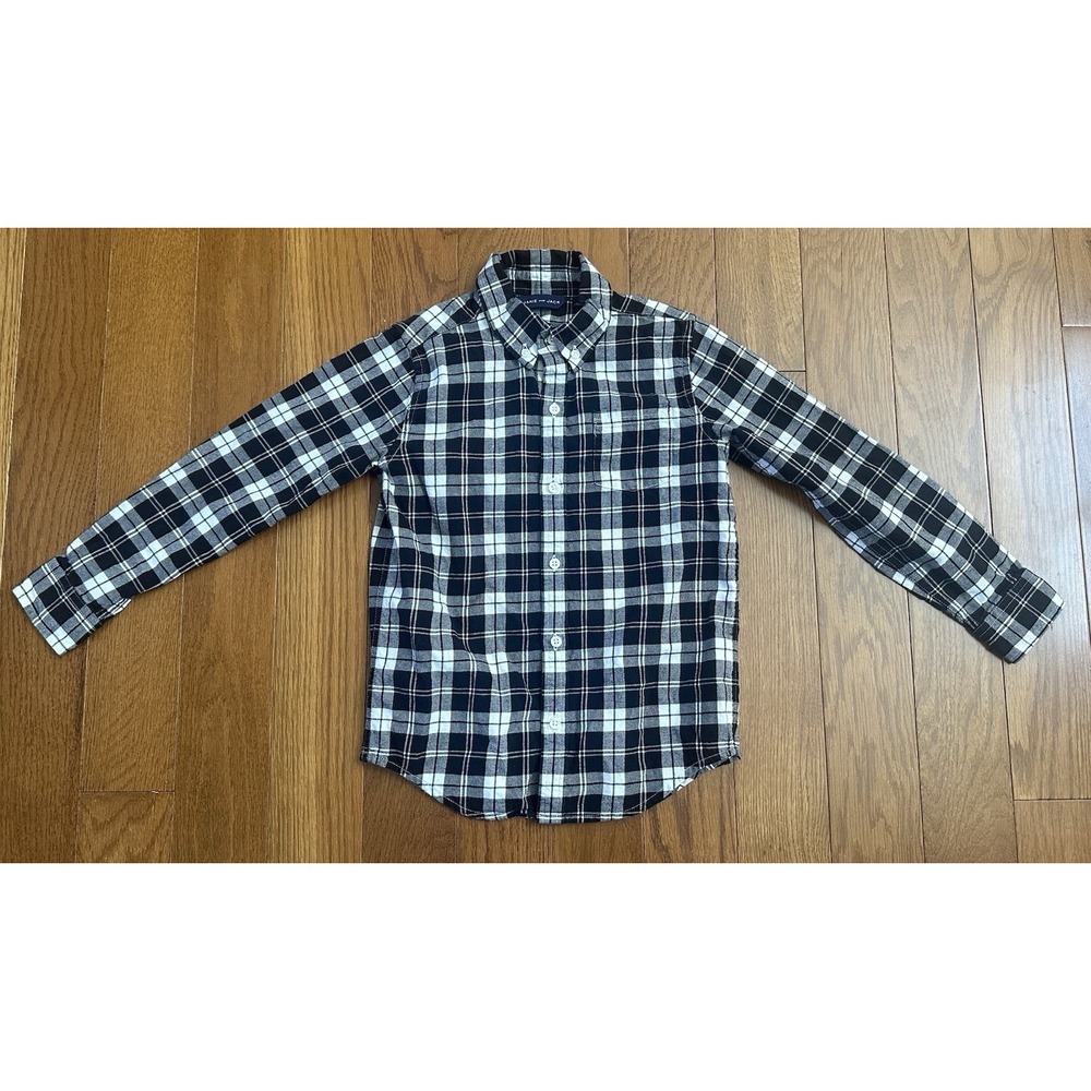 Janie and Jack Boys Size 6 Plaid Button Down Shirt Black White Long Sleeve EUC
